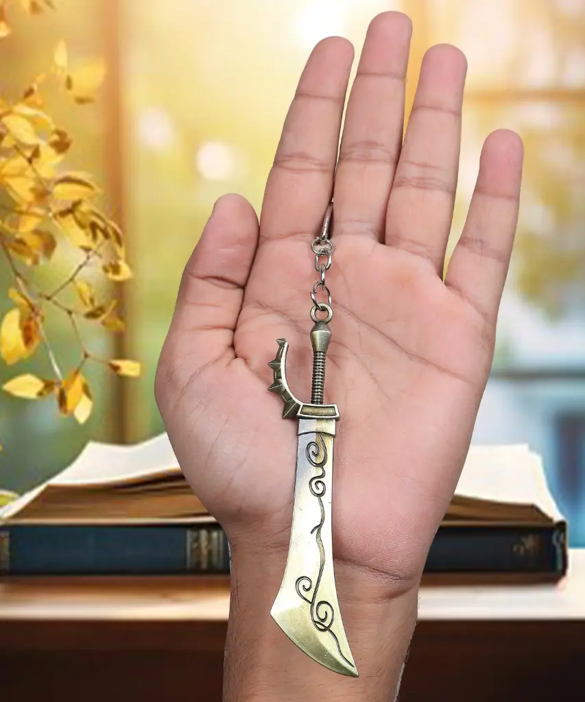 Golden Rune Sword Keychain | Antique Fantasy Curved Blade | Metal Warrior Weapon Replica | Premium Collectible Key Ring
