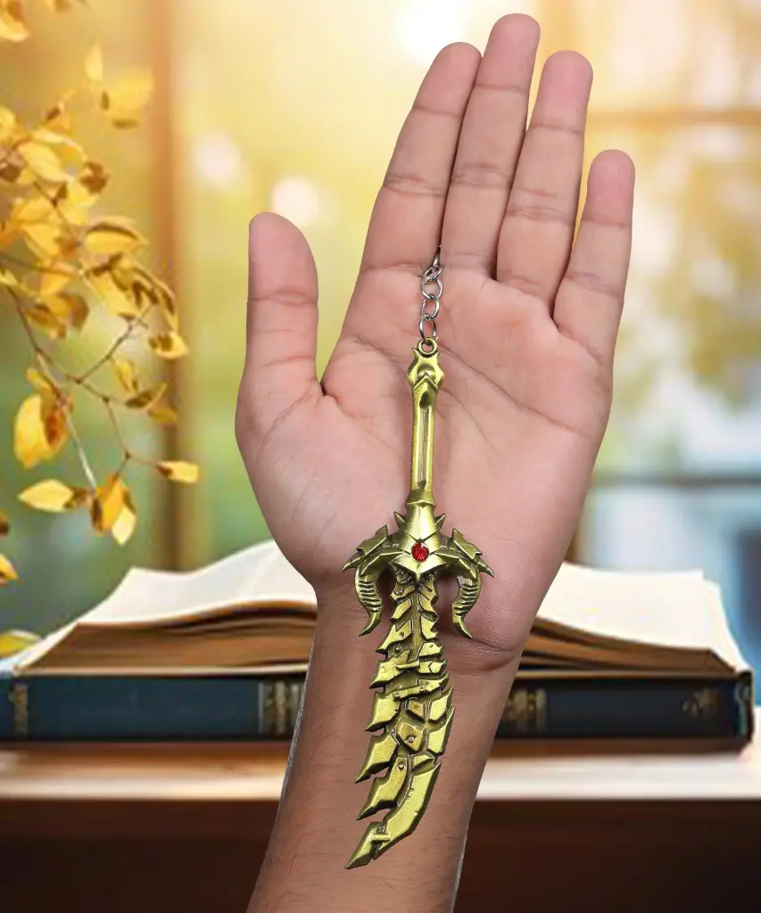 [Trishul Sword] Golden Demon Edge Keychain | Dragon Horn Sword Replica | Antique Gold Fantasy Metal Key Ring