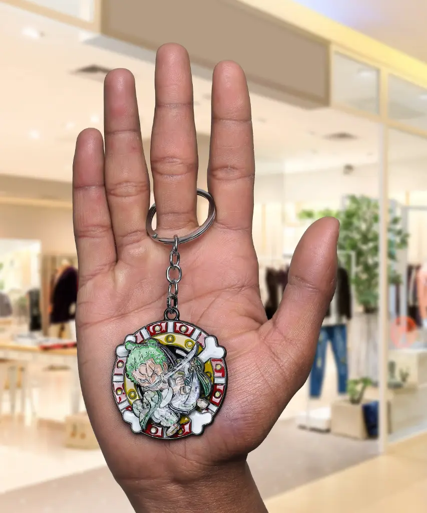 Roronoa Zoro With 3 Sword New Style Rotating Metal keychain | One Piece Anime Revolving Key rings 