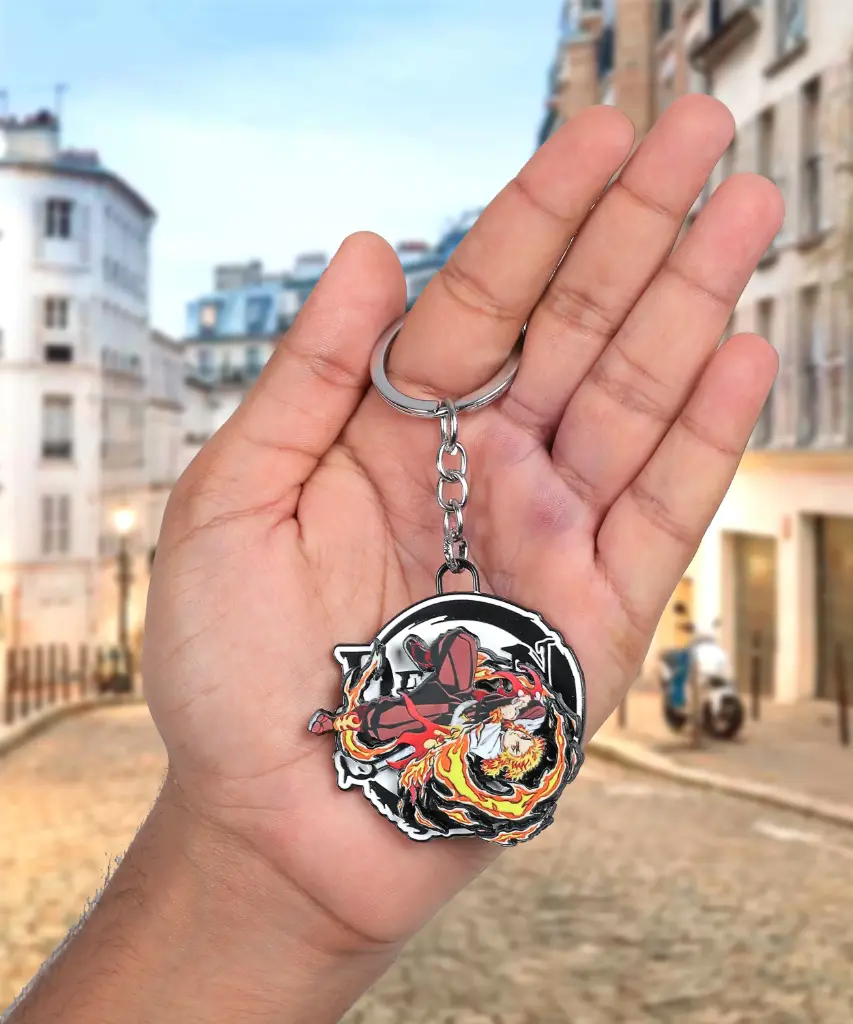 [Rengoku Rotate] Rengoku In Action Rotating Metal Keychain | Demon Slayer Anime Revolving key Rings 