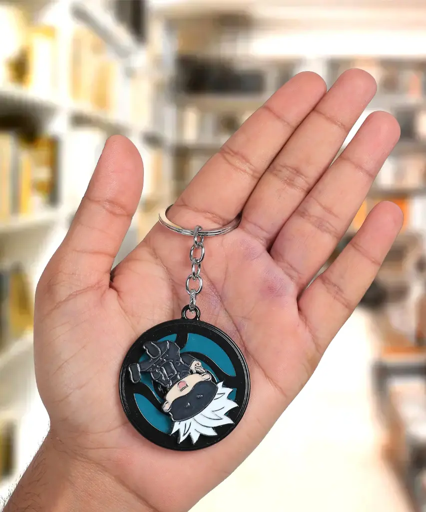 Gojo Sotaru Sitting With 2 Finger Up Rotating Metal Keychain | Jujutsu Kaisen Anime Revolving Key rings 