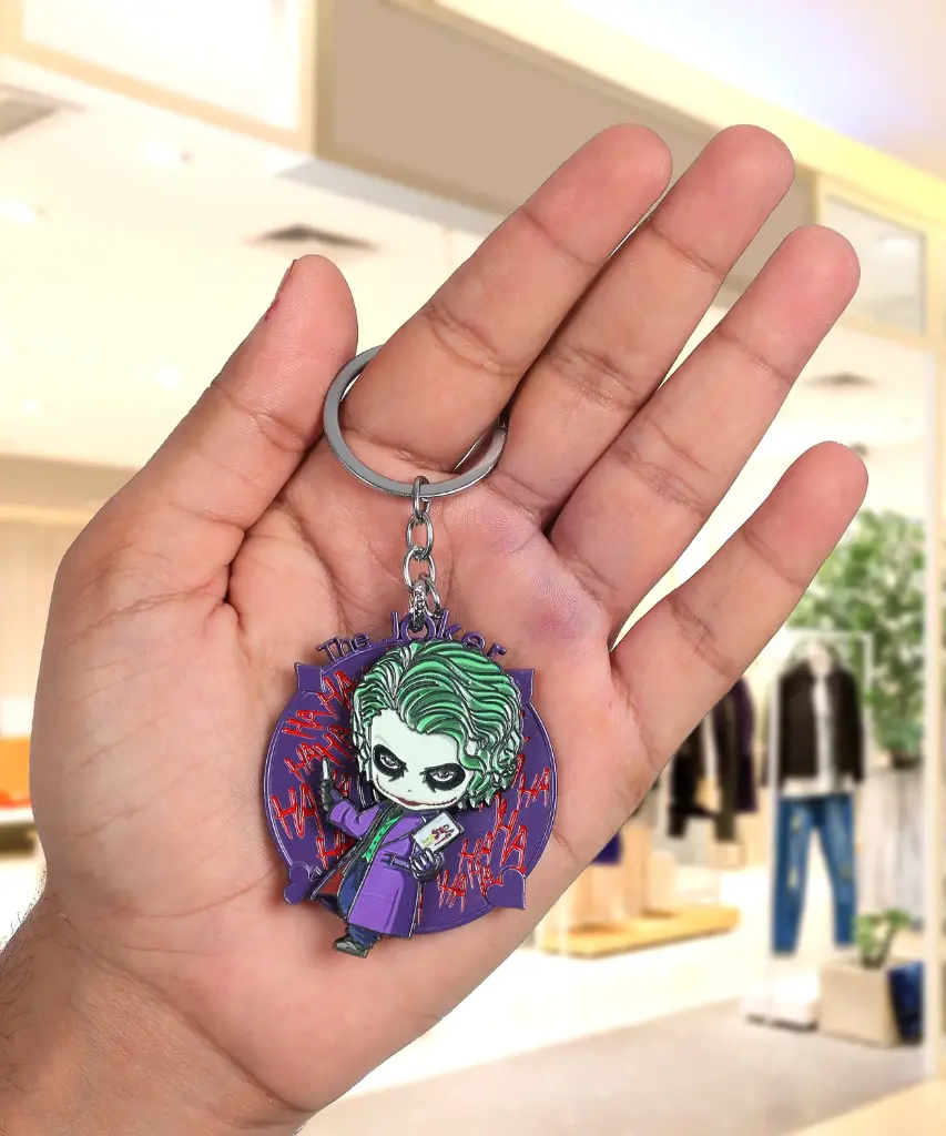 Standing Joker With Card Rotating Metal keychain | World Famous Comic Villain Revolving Key rings 