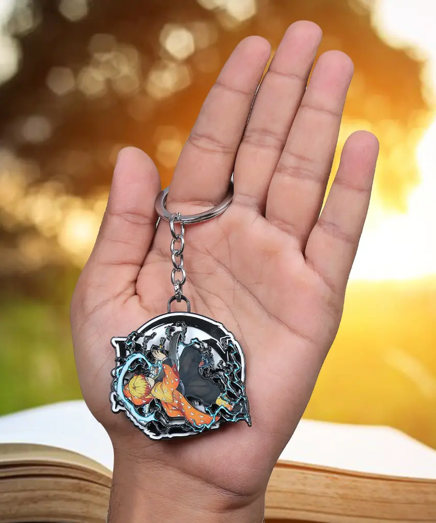Thunder Swordman Zenitsu Standing In Action Rotating Metal keychain | Demon Slayers Revolving key Rings 