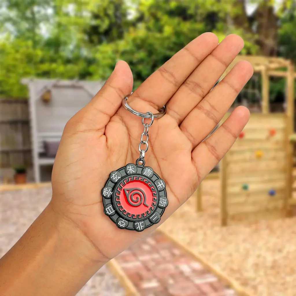 Hidden Leaf Village (Konoha) symbol Rotating Metal keychain | Naruto Anime Black Red leaf Revolving key rings 