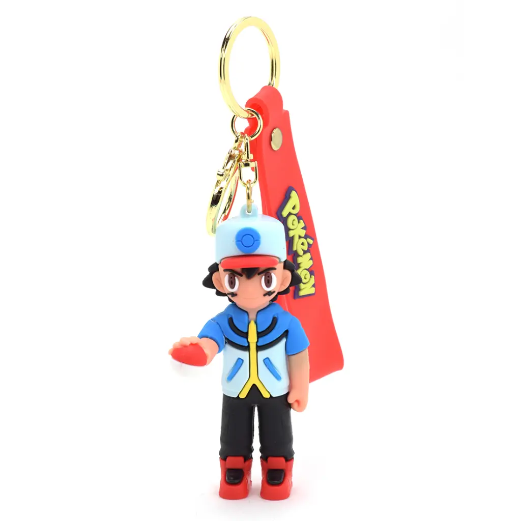 Ash Pokémon Keychain | Cute Anime Character Keychain with Red Silicone Strap & Gold Keyring | Perfect Gift for Pokémon Fans | Daiyamondo