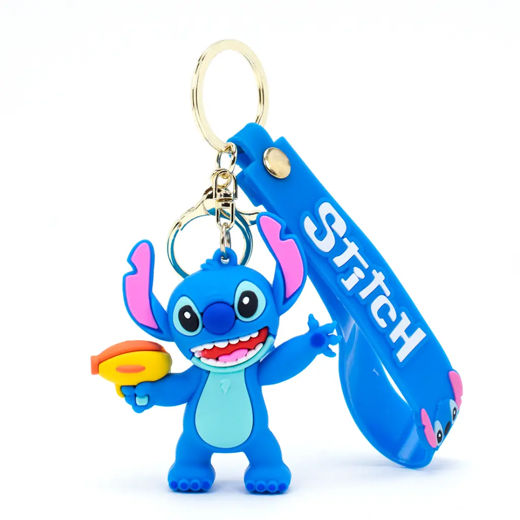 [Stitch With Gun] Stitch With Water Gun Figure Keychain - Disney Lilo & Stitch Alien Accessory with Blue Logo Wrist Strap | Cute Key Ring