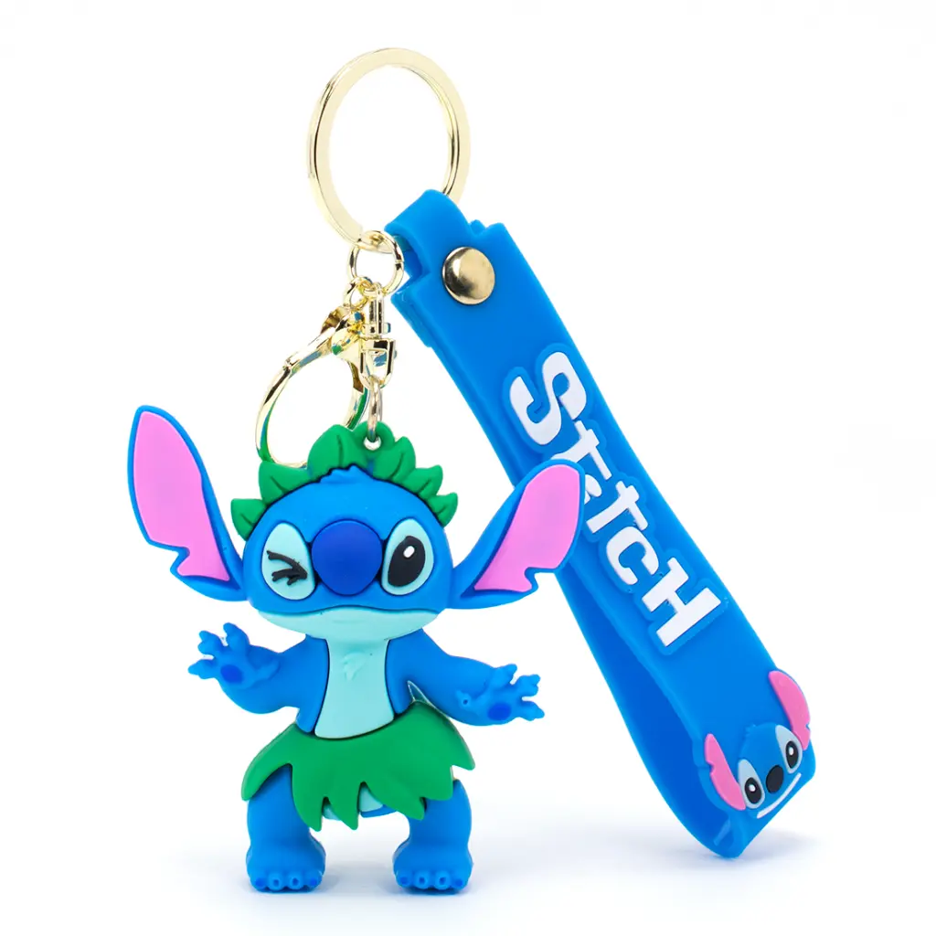 [Stitch In Grass] Stitch Hula Dancer Keychain - Disney Lilo & Stitch Figure in Grass Skirt | Hawaiian Luau Accessory with Blue Logo Strap
