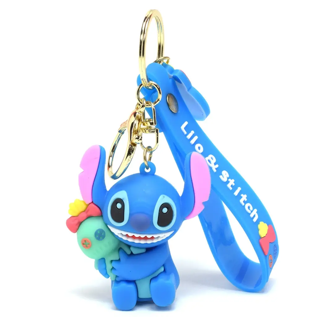 [SOS Stitch] Stitch Hugging Scrump Keychain - Lilo & Stitch Figure with Scrump Doll & Blue Logo Strap | Disney Accessory