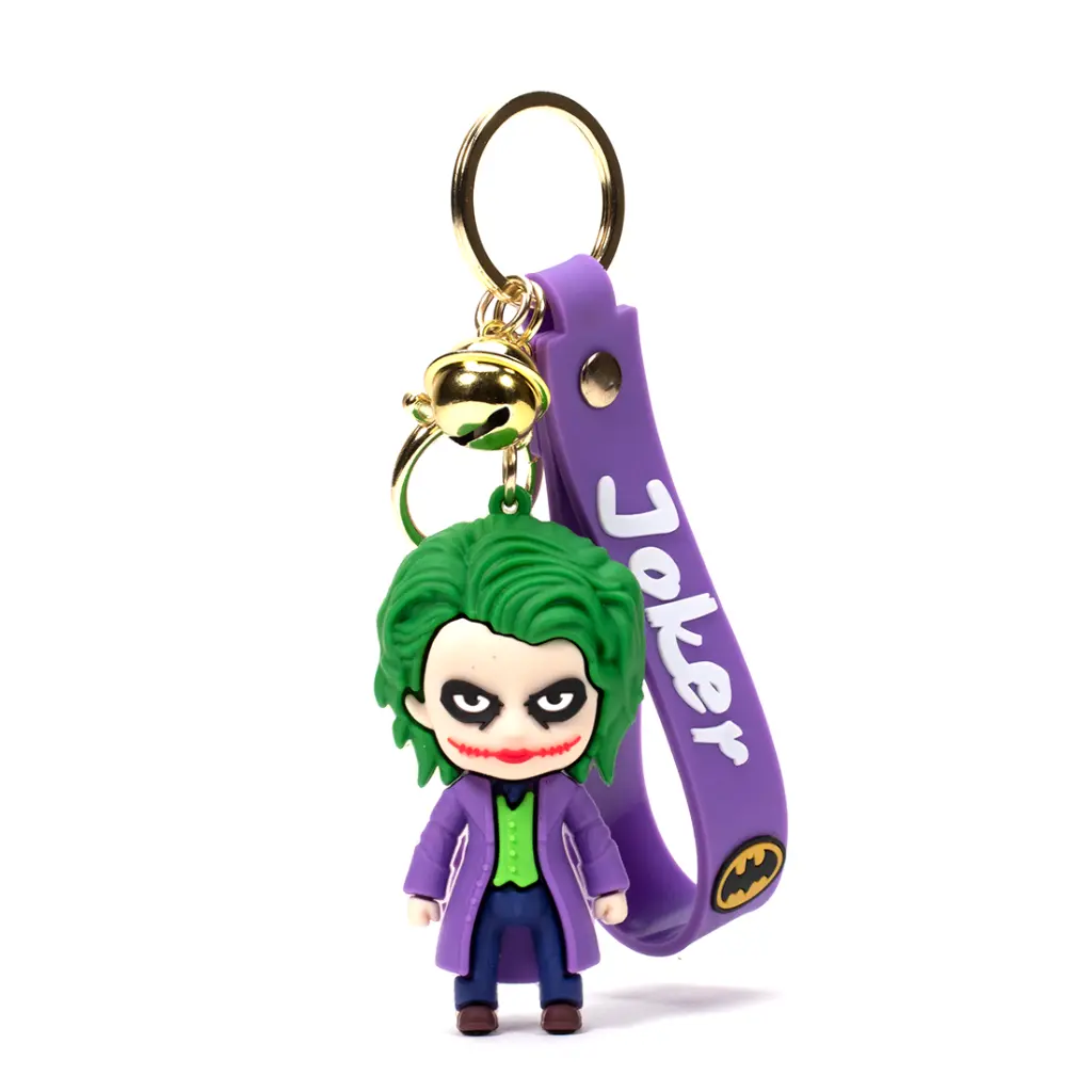 Purple Joker Figurine Keychain | Green Hair Clown Prince Accessory with Batman Logo Strap | Comic Book Fan Gift