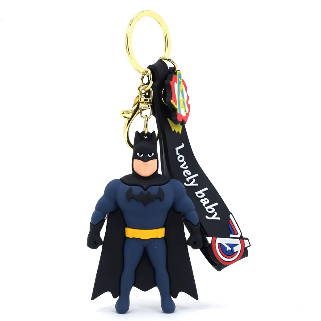Classic Batman Figure Keychain with Yellow Utility Belt | Superhero Accessory on Black Logo Strap | Comic Book Fan Gift