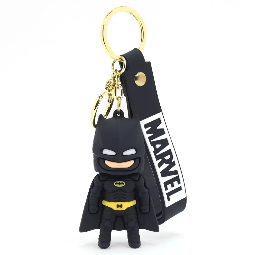 Black Batman Figure Keychain with Yellow Utility Belt | DC Comics Superhero Accessory & Logo Wrist Strap | Dark Knight Collectible