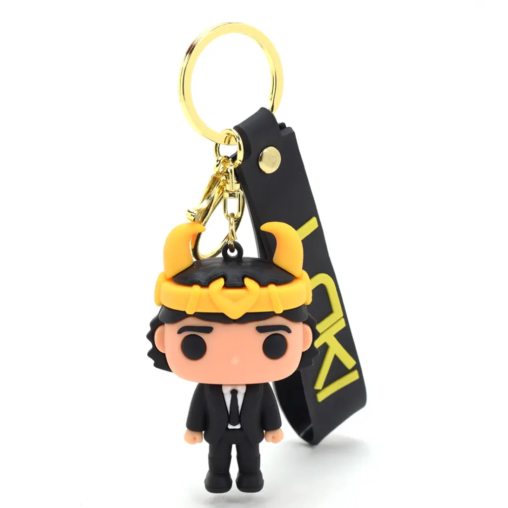 [Black Suite Loki Keychain] Loki Suit Figure Key Ring with Black Silicone Wrist Strap | Asgardian God Accessory & Horned Helmet Charm