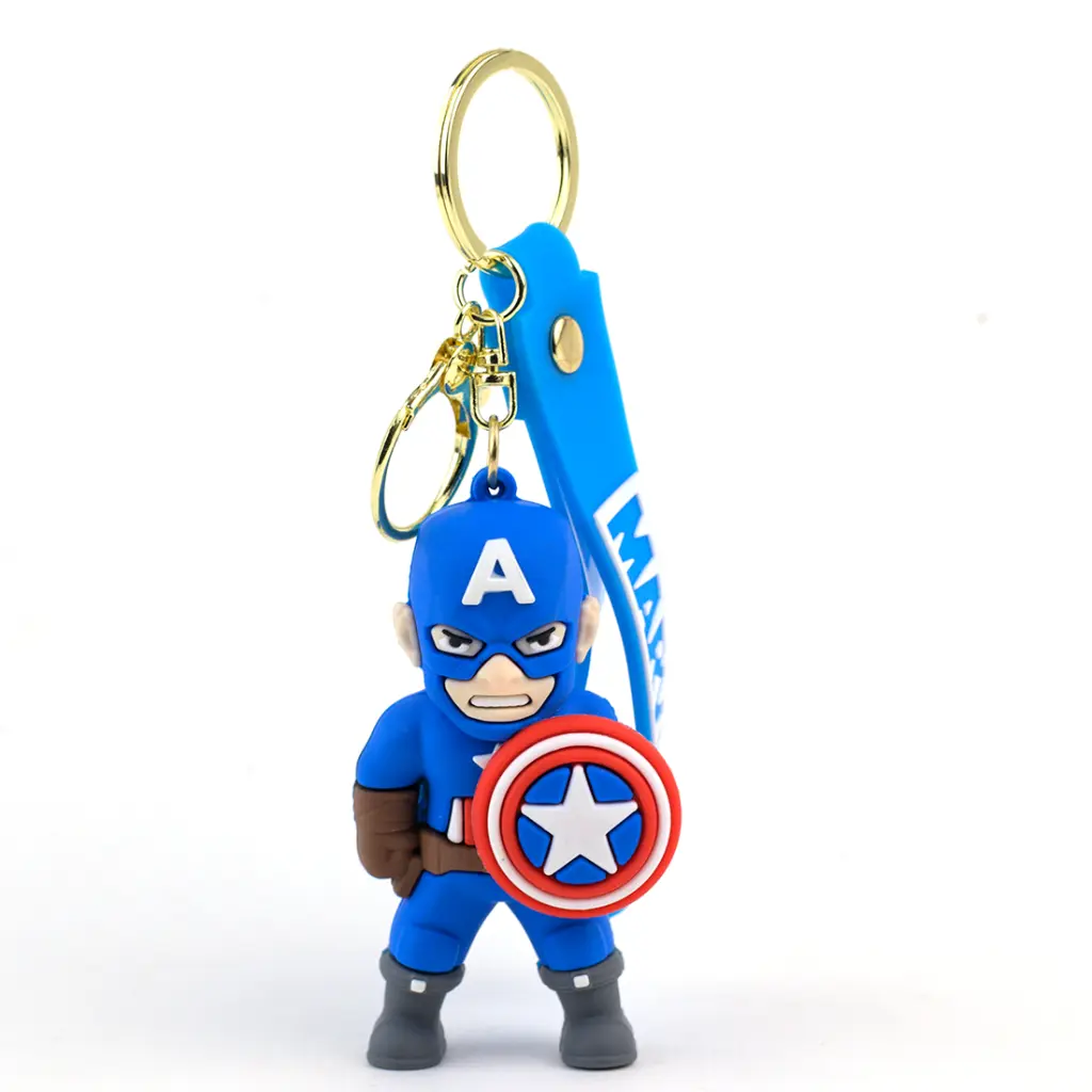 [Angry Fat Ca 3D keychain] Captain America Figure Keychain with Shield | MARVEL Avengers Hero Accessory on Blue Logo Strap | First Avenger Collectible