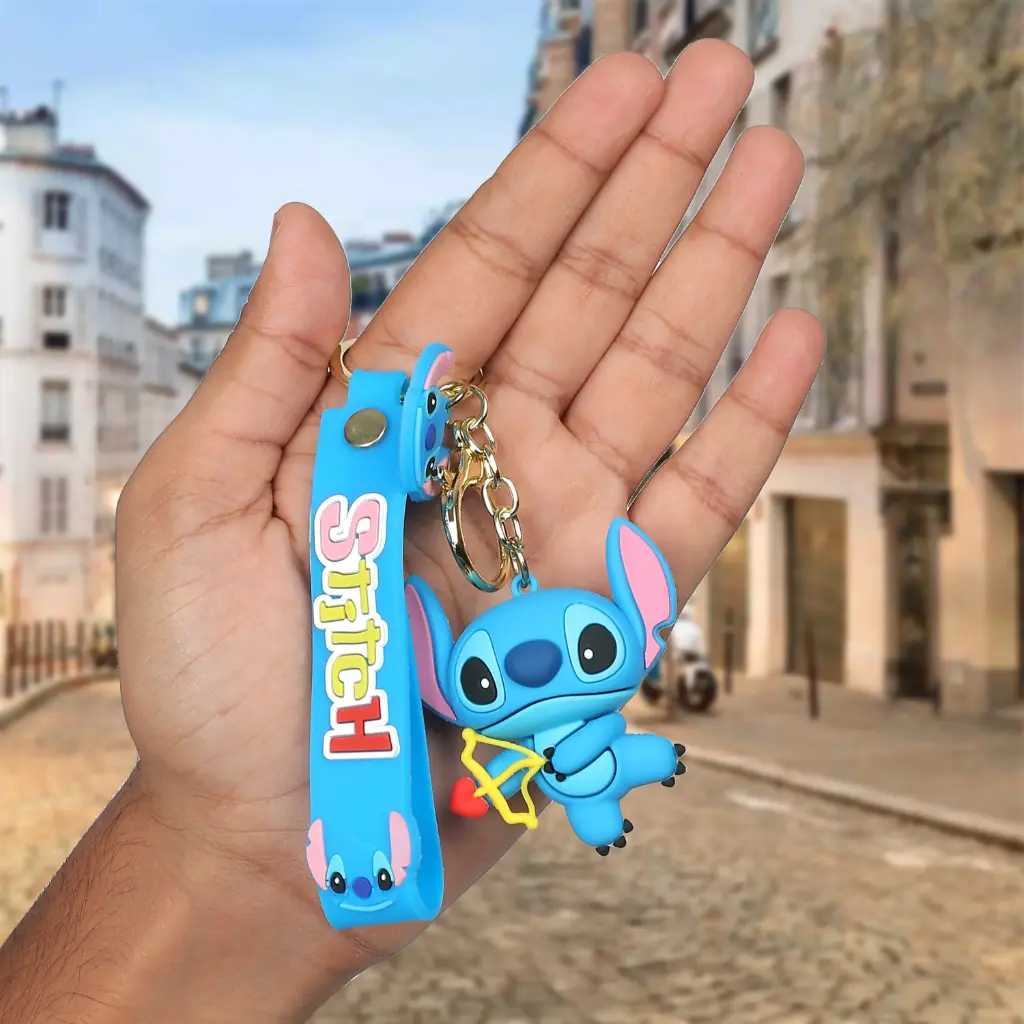 Stitch Cupid Keychain - Lilo & Stitch Figure with Bow & Arrow | Valentine's Day Accessory on Blue Logo Strap