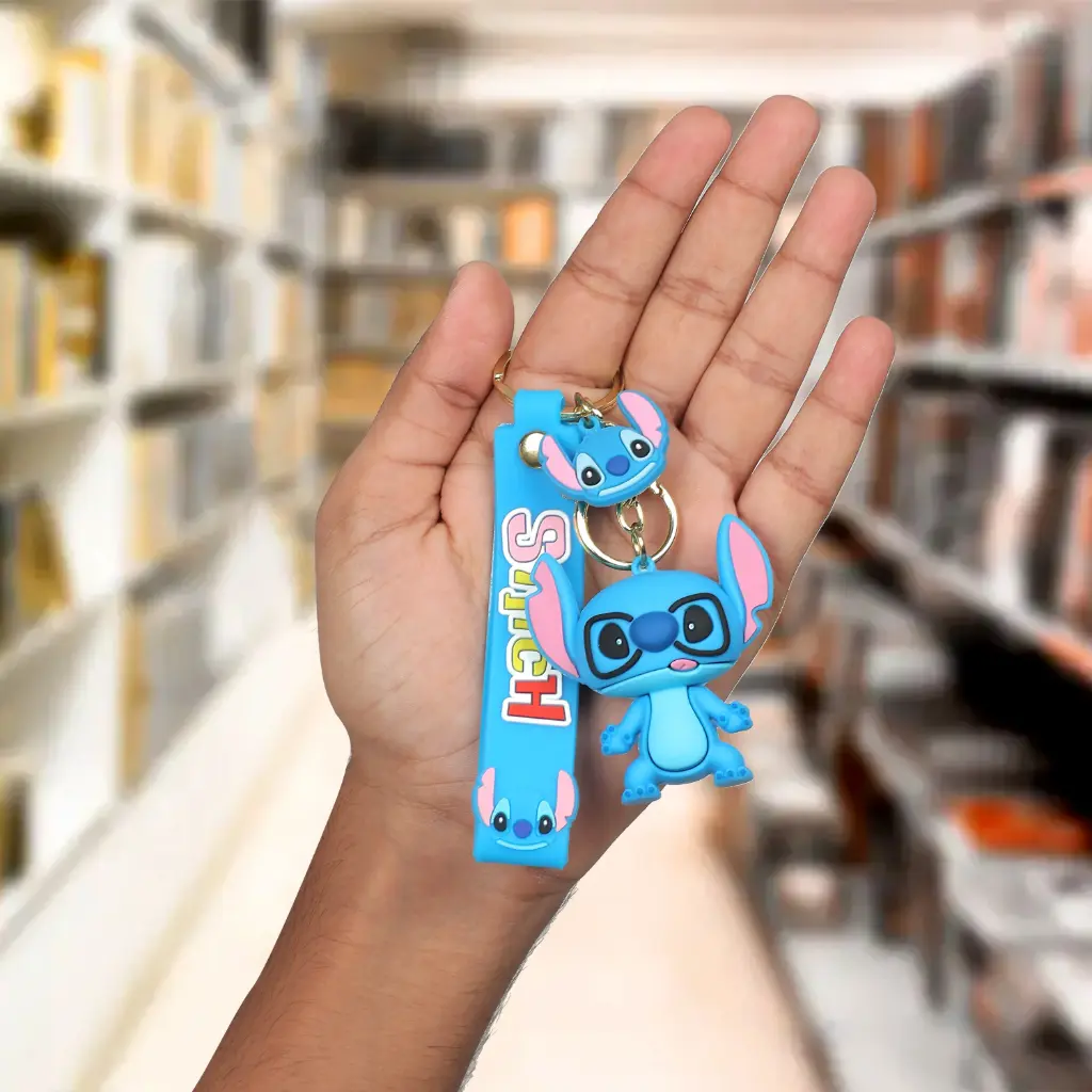 Stitch Figure Keychain with Blue Glasses/Goggles | Disney Lilo & Stitch Accessory on Blue Logo Strap | Cute Alien Key Ring