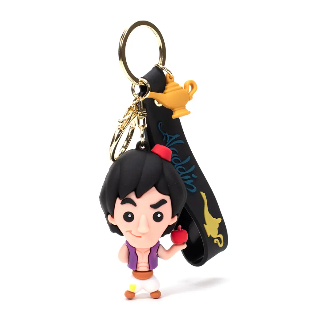 Aladdin Figure Keychain with Magic Lamp Charm | Disney Classic Movie Accessory on Black Logo Strap | Arabian Nights Key Ring