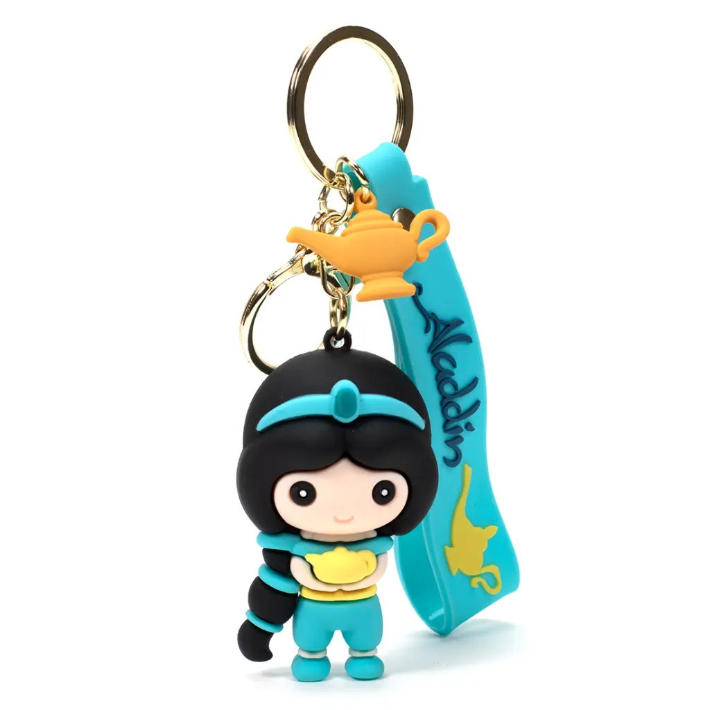 Princess Jasmine Figure Keychain with Magic Lamp Charm | Disney Aladdin Accessory on Teal Logo Strap | Arabian Nights Key Ring