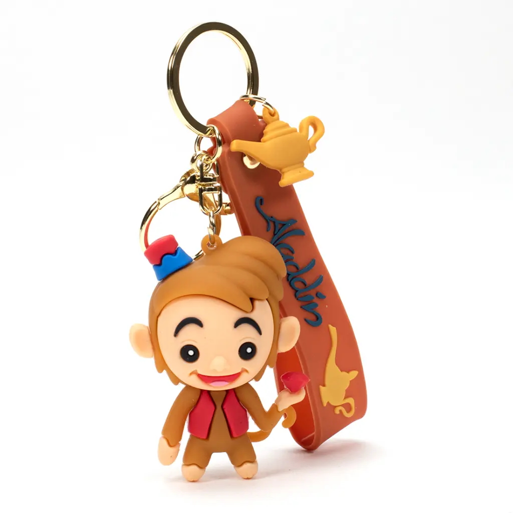 Abu Monkey Figure Keychain with Magic Lamp Charm | Disney Aladdin Sidekick Accessory on Brown Logo Strap | Arabian Nights Key Ring