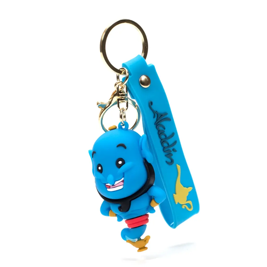 [Jinnie 3D keychain] Genie Figure Keychain with Magic Lamp Charm | Disney Aladdin Wish Granter Accessory on Blue Logo Strap | Arabian Nights Key Ring