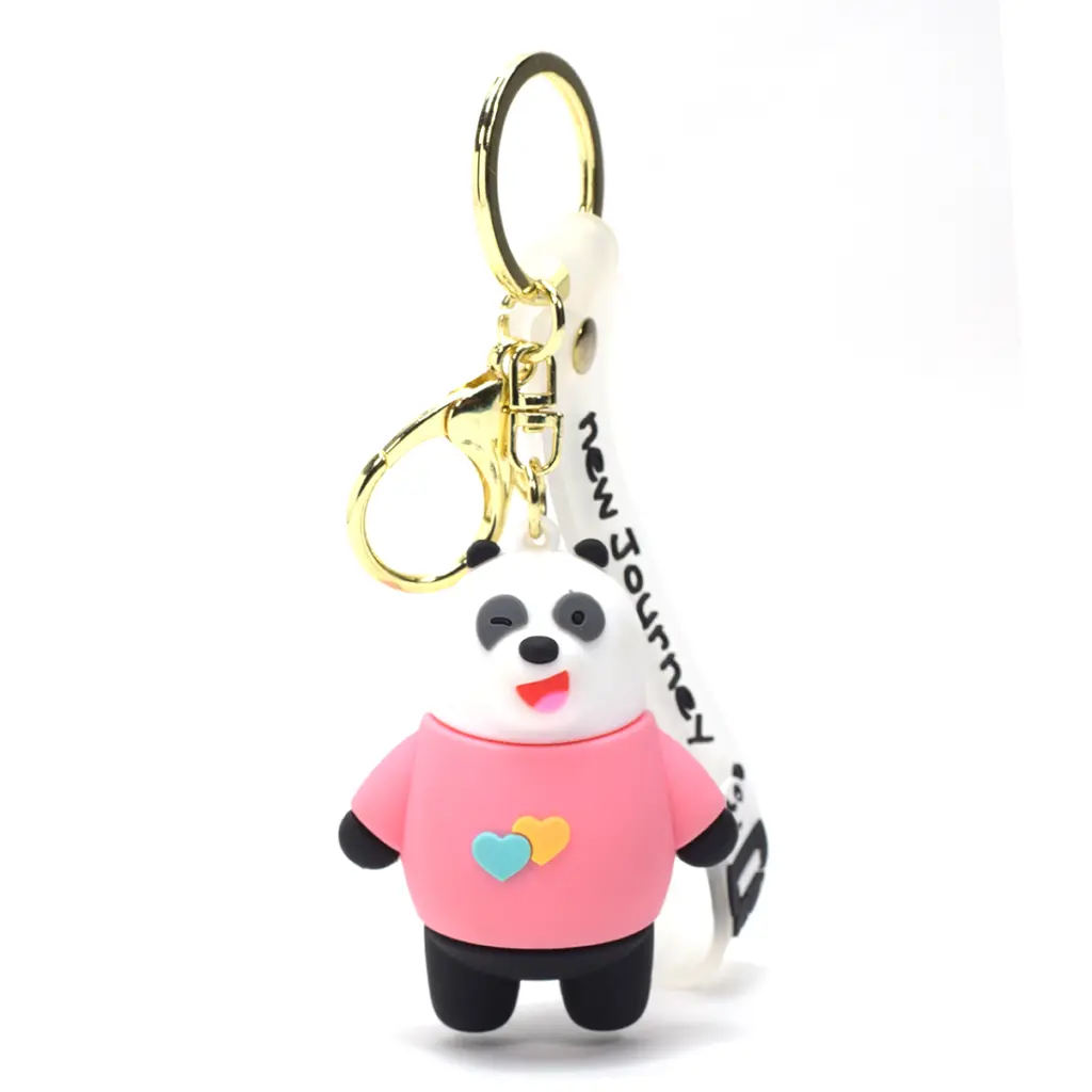 Cute Panda Keychain in Pink Sweater | Winking Animal Figure with Heart Decal & Wrist Strap | Kawaii Accessory Key Ring