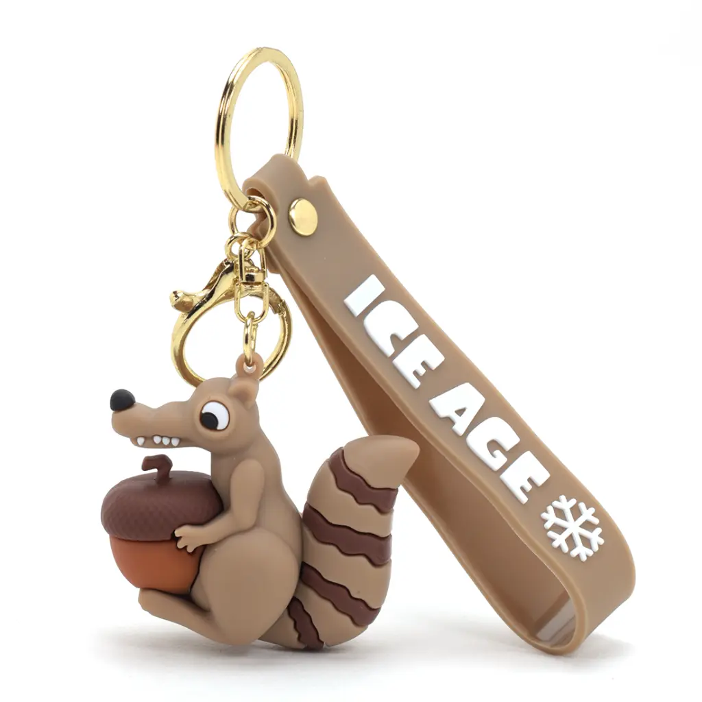[Squirrel 3D keychain] Scrat Squirrel Keychain with Acorn | Ice Age Movie Figure Accessory on Logo Wrist Strap | Funny Cartoon Key Ring