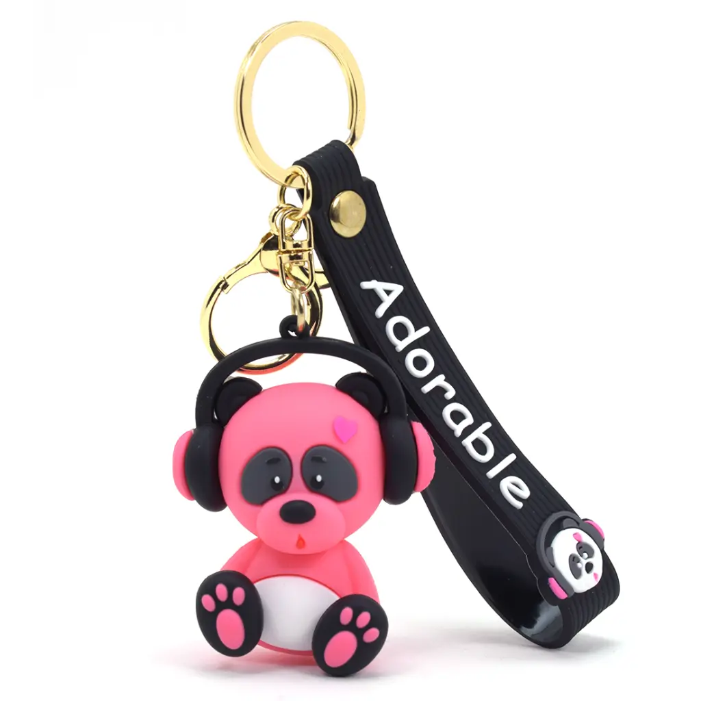 Pink Panda Keychain with Headphones | Adorable Animal Figure on Black Wrist Strap | Music Lover Kawaii Accessory