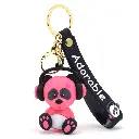 Pink Panda Keychain with Headphones | Adorable Animal Figure on Black Wrist Strap | Music Lover Kawaii Accessory