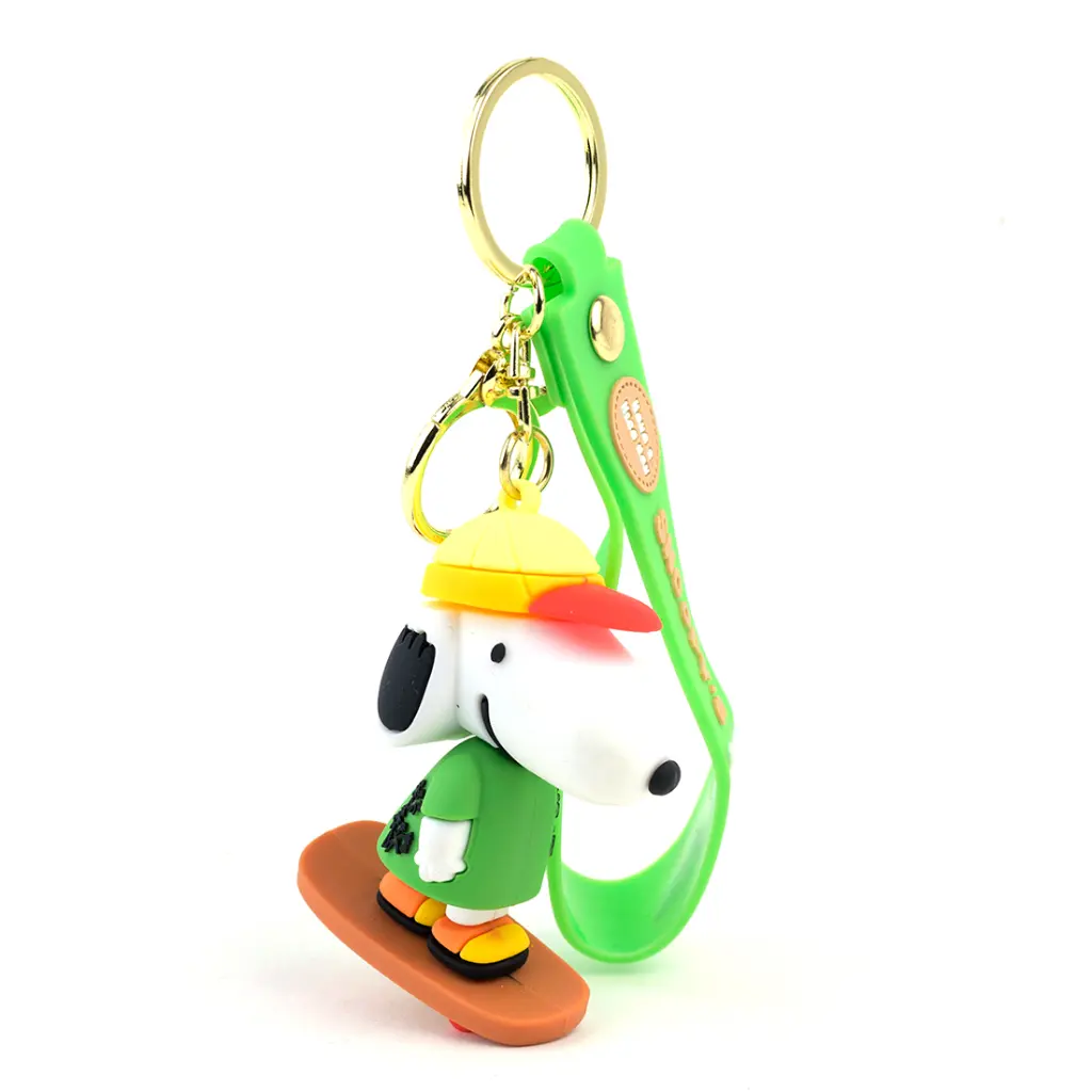Snoopy Skateboard Keychain - Peanuts Character Figure with Skater Hat | Green Logo Strap & Cartoon Accessory
