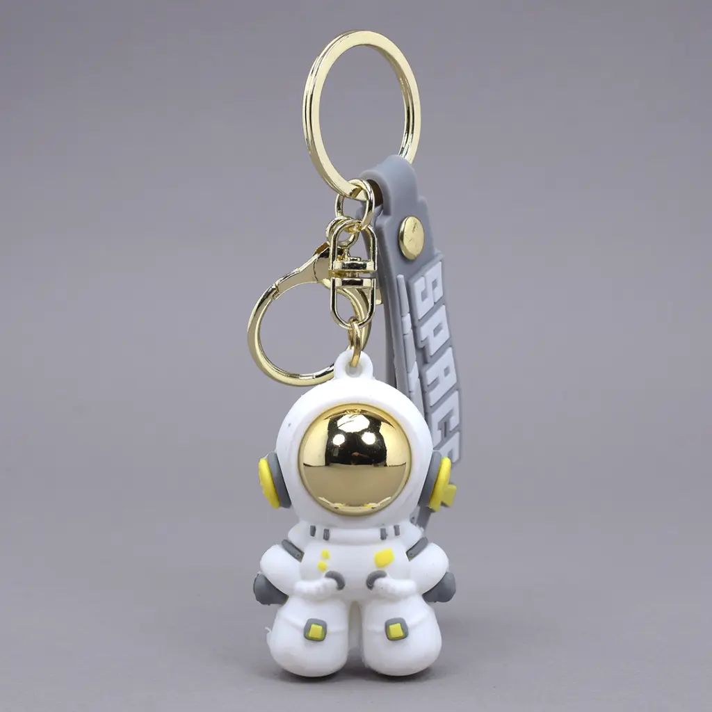 [Silver Small Astro 3d keychain] Silver Astronaut Space Suit Keychain - 3D Spaceman Figure with Gold Visor | "SPACE" Logo Wrist Strap | Sci-Fi Accessory