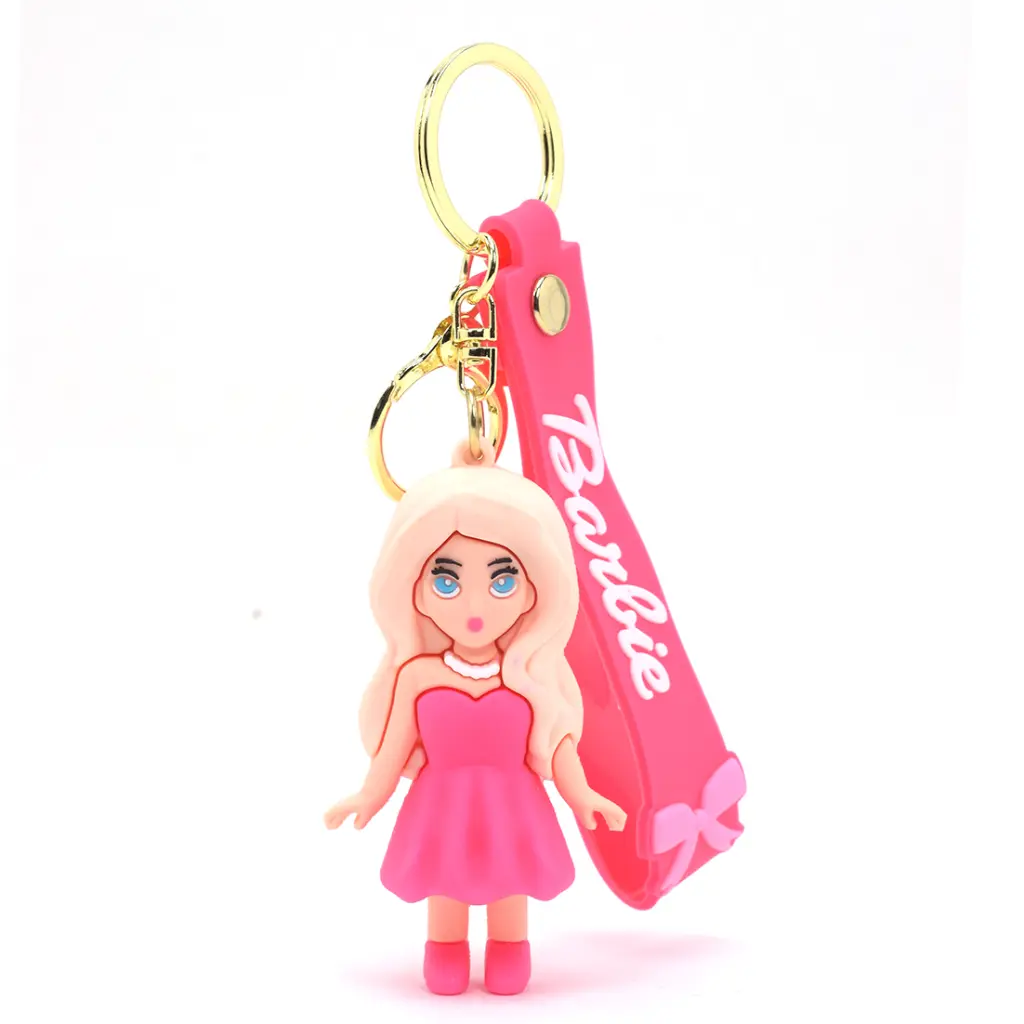 Barbie Doll Figure Keychain in Pink Dress | Blonde Fashion Icon Accessory with Logo Wrist Strap | Glam Key Ring Gift