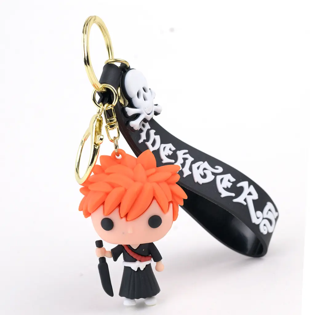 Ichigo Kurosaki Shinigami Keychain - Bleach Anime Figure with Zanpakuto | Skull Charm Accessory & Black Logo Strap