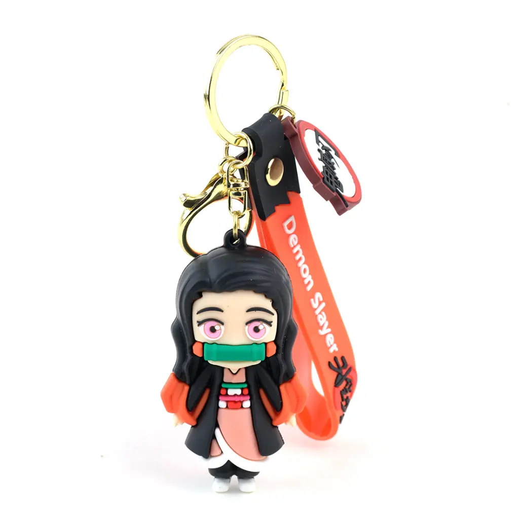 Orange Nezuko Kamado Figure Keychain - Demon Slayer Anime Accessory with Bamboo Muzzle | Orange Logo Strap Collectible