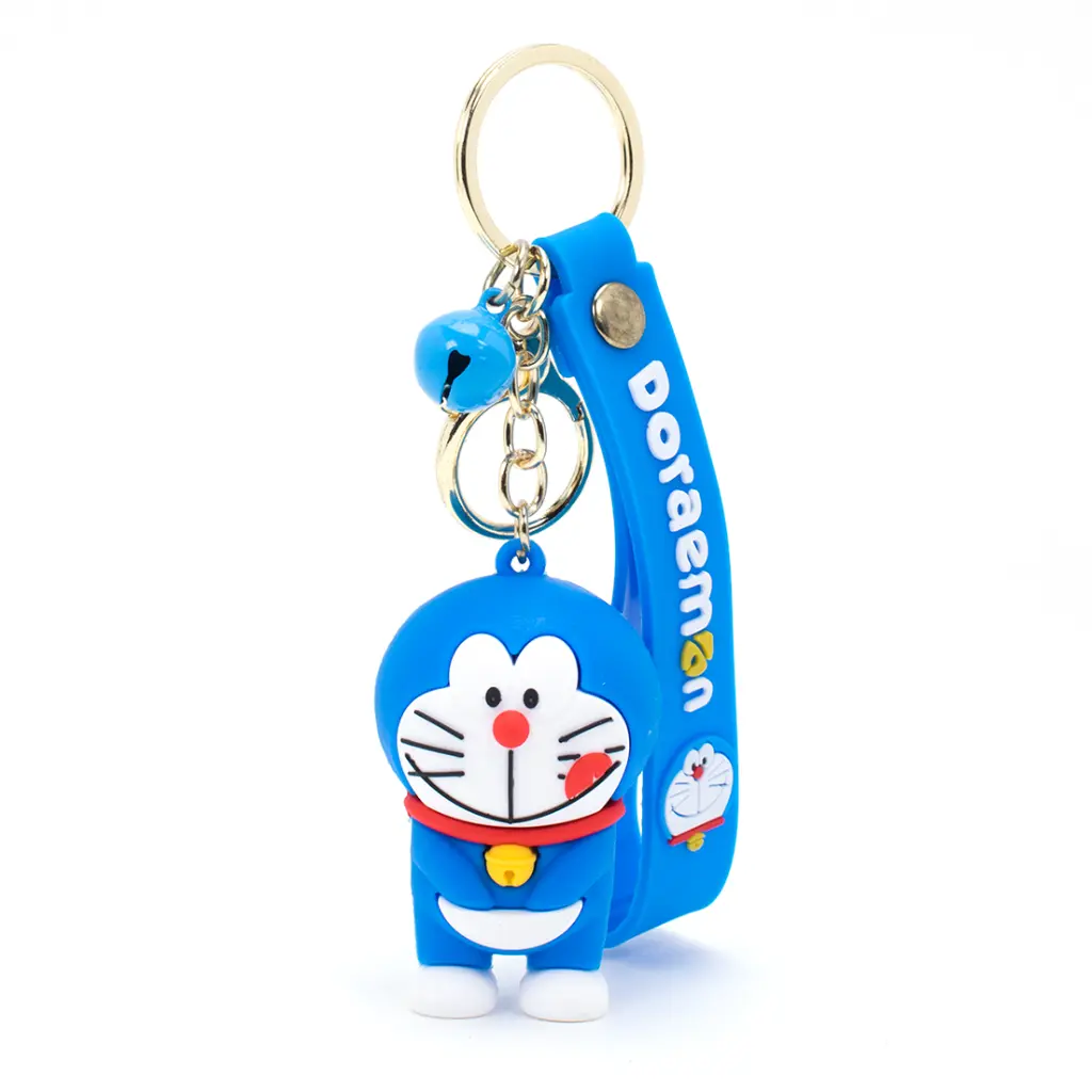 Doraemon Checking Figure Keychain with Blue Bell Charm | Anime Robotic Cat Accessory on Blue Logo Strap | Japanese Manga Collectible