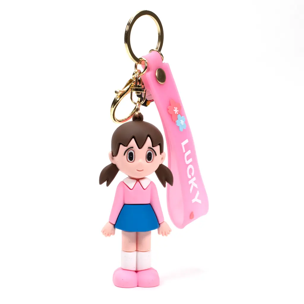 Shizuka Stand Minamoto Figure Keychain - Doraemon Anime Character with "LUCKY" Pink Strap | Manga Collectible Accessory