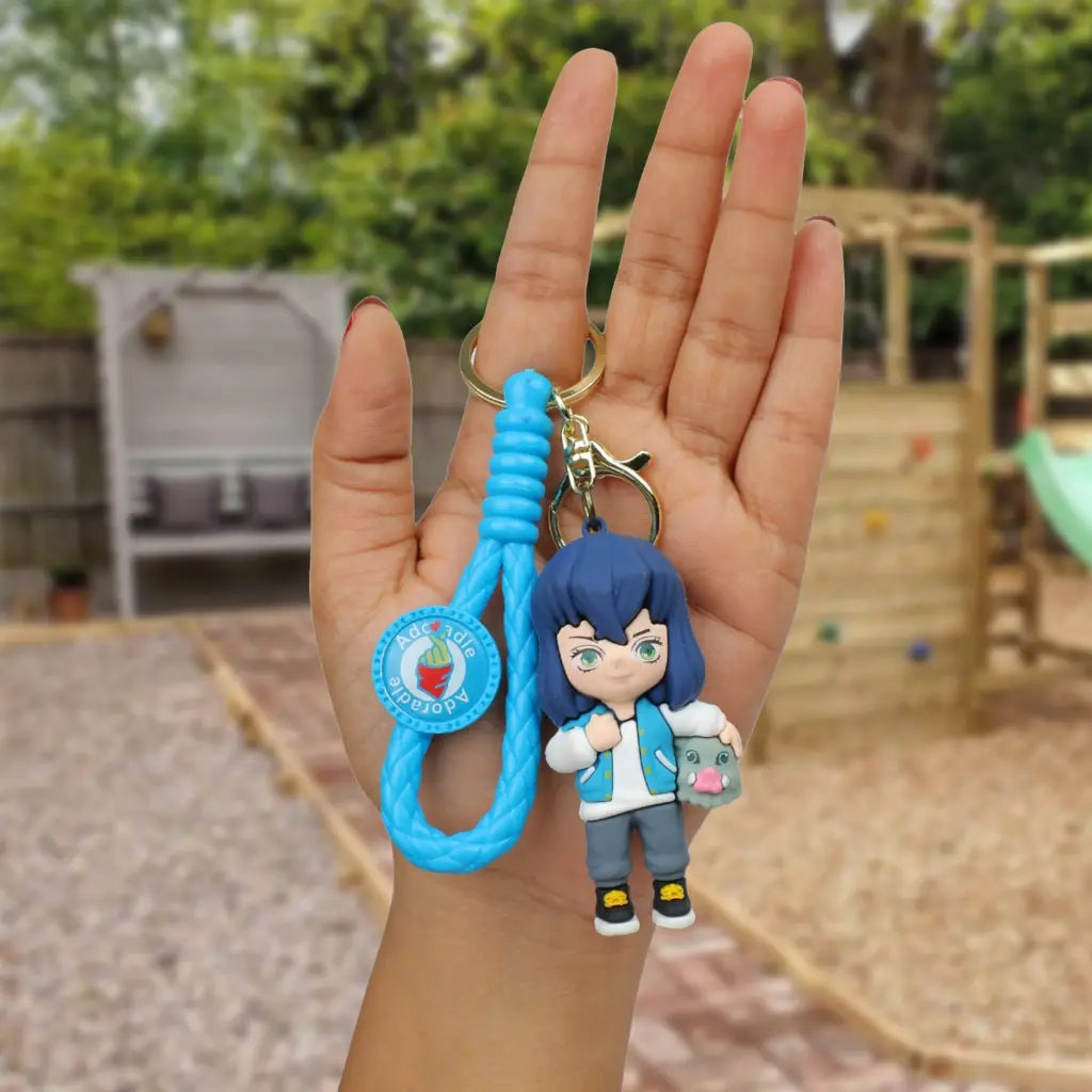Inosuke Hashibira New style Keychain with Boar Mask | Demon Slayer Anime Figure on Blue Braided Strap | Collectible Key Ring