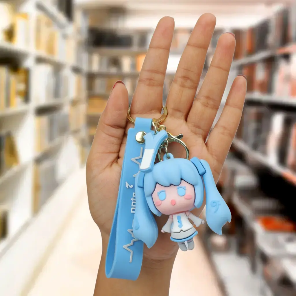 Blue Vocaloid Fat Face Style Keychain - Anime Music Note Figure with Pigtails | Blue Logo Strap Accessory Key Ring