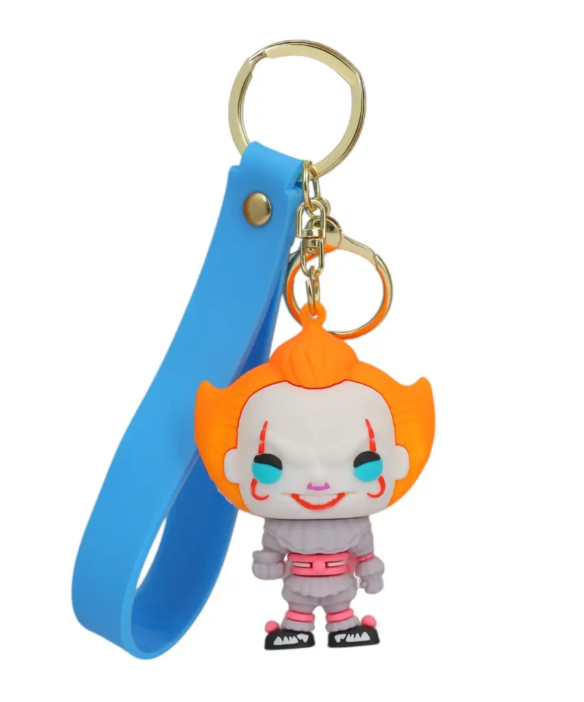 Danger Joker Pennywise Clown Figure Keychain - IT Horror Movie Accessory on Blue Wrist Strap | Dancing Clown Collectible
