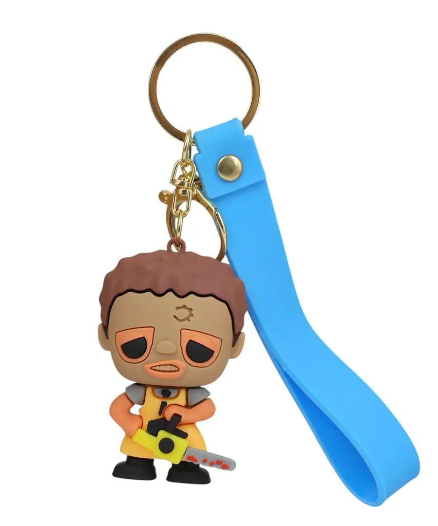 Leatherface Figure Keychain with Chainsaw | Texas Chainsaw Massacre Horror Accessory on Blue Wrist Strap | Horror Icon Collectible