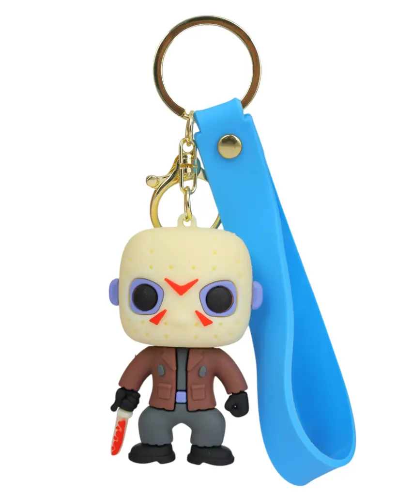 Jason Voorhees Figure Keychain with Hockey Mask & Knife | Friday the 13th Horror Accessory on Blue Wrist Strap | Horror Icon Collectible