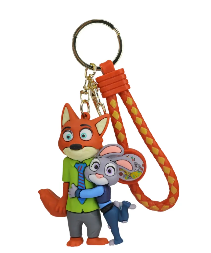 Couple Nick & Judy Keychain - Disney Zootopia Figure with Fox & Bunny Hug | Braided Loop Strap Accessory Key Ring