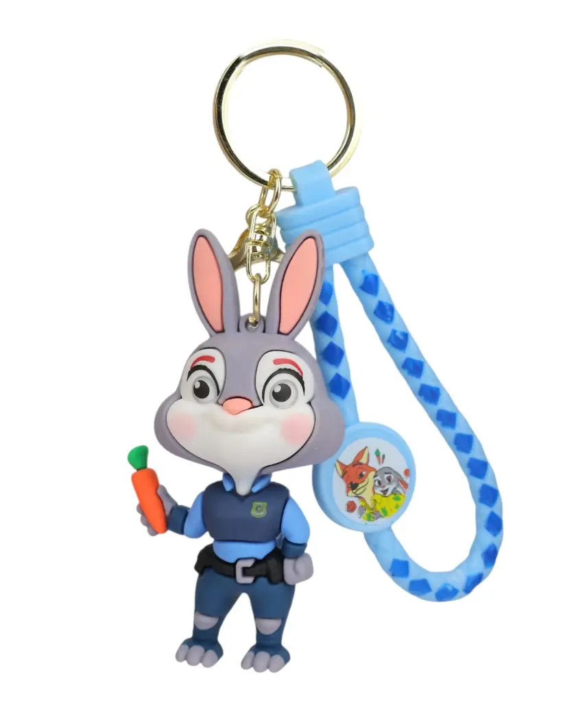 Female Bunny Judy Hopps Police Keychain with Carrot | Disney Zootopia ZPD Officer Figure on Blue Braided Strap | Bunny Collectible