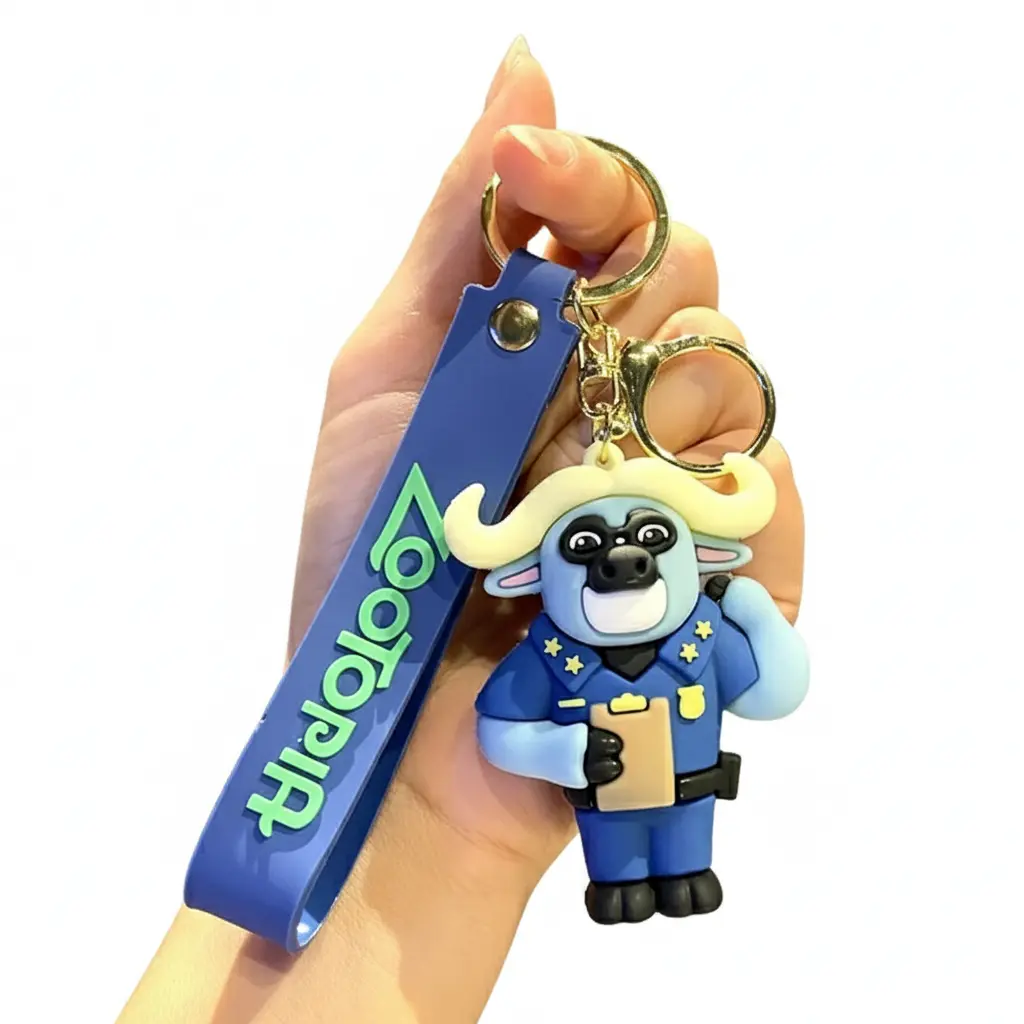 Chief Bogo Figure Keychain - Disney Zootopia Police Chief Accessory on Blue Logo Strap | ZPD Officer Collectible
