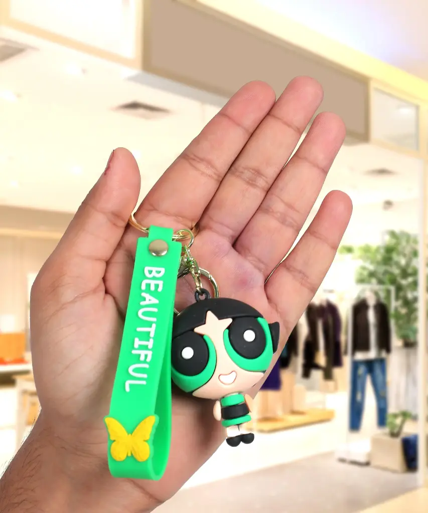 Buttercup Figure Keychain - The Powerpuff Girls Accessory on Green Logo Strap | Cartoon Network Collectible Key Ring