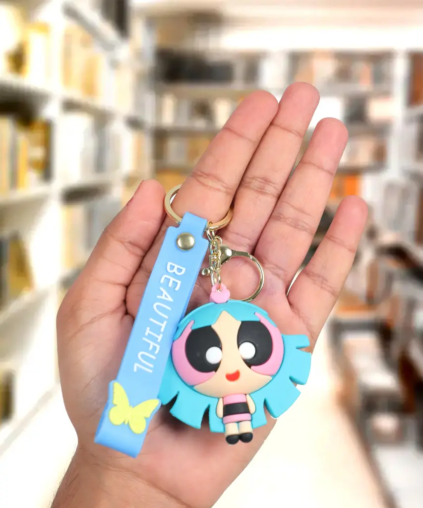 Bubbles Figure Keychain - The Powerpuff Girls Accessory on Blue Logo Strap | Cartoon Network Collectible Key Ring