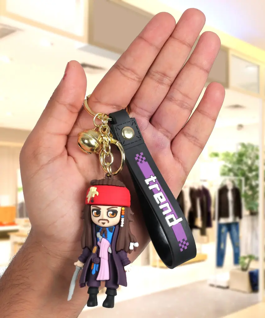 Captain Jack Sparrow Figure Keychain - Pirates of the Caribbean Accessory with Sword | Black Logo Strap Collectible