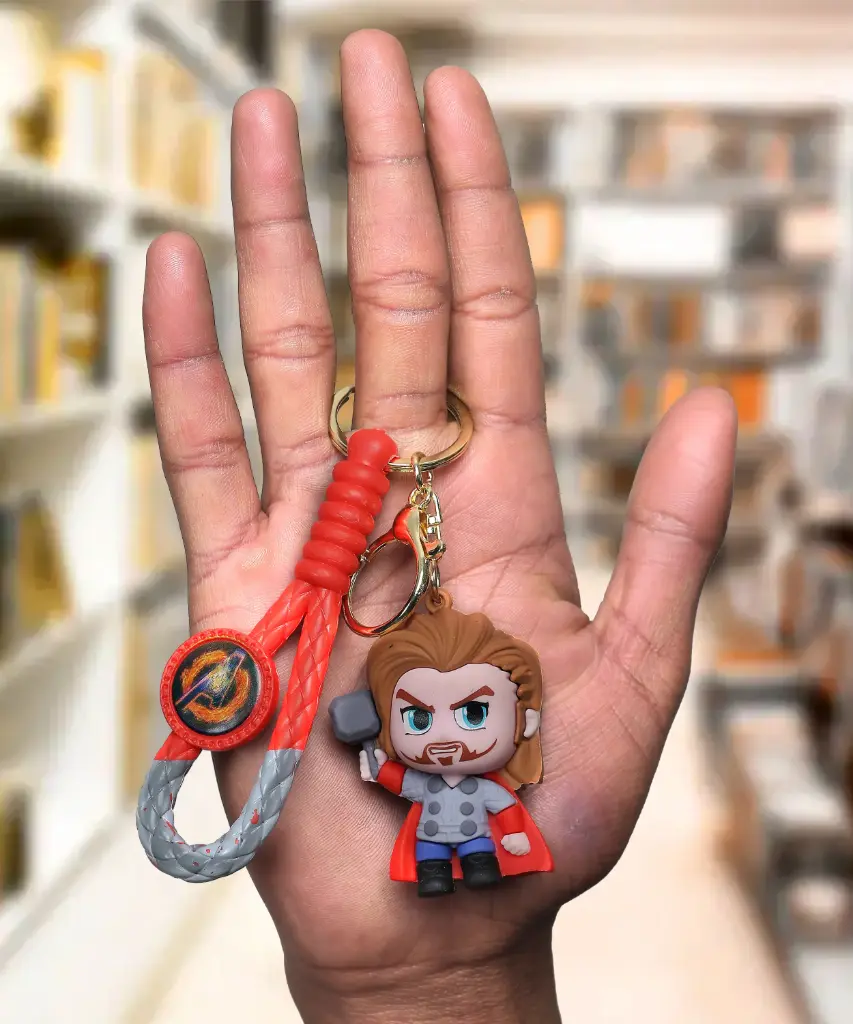 Thor Figure Keychain with Mjolnir Hammer | MARVEL Avengers Accessory on Red Braided Strap | God of Thunder Collectible