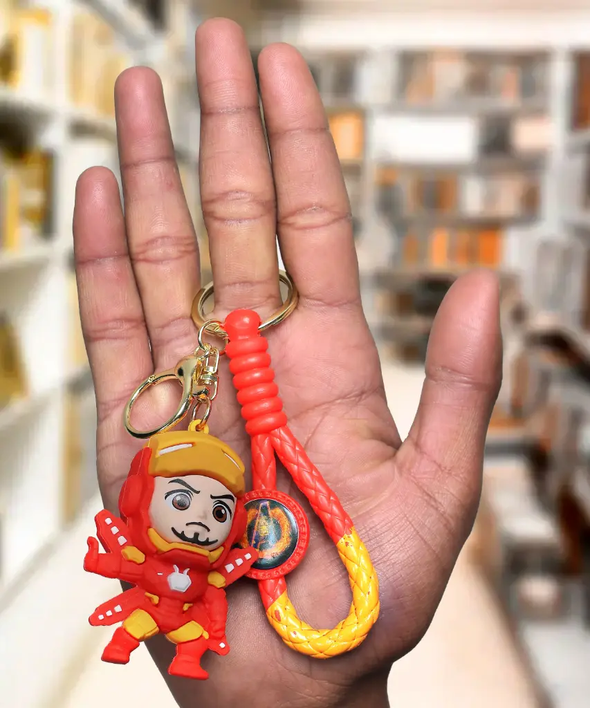 Iron Man Figure Keychain with Retracted Helmet | MARVEL Avengers Accessory on Red Braided Strap | Tony Stark Collectible