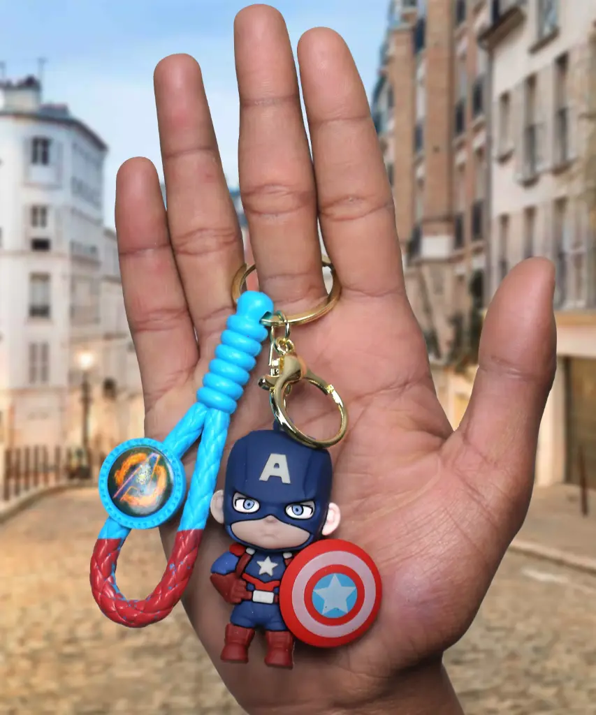 Captain America Figure Keychain with Shield | MARVEL Avengers Hero Accessory on Blue & Red Braided Strap | First Avenger Collectible