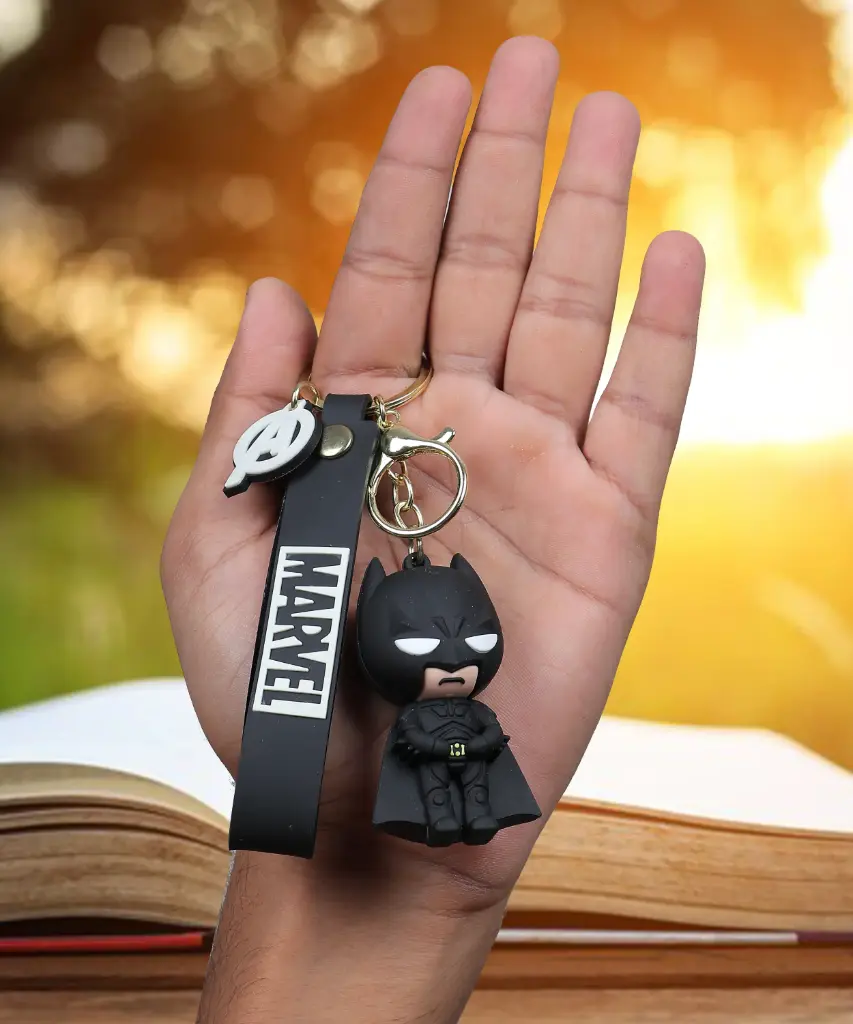 Black Batman Figure Keychain with Avengers A-Logo Charm | DC Comics Superhero Accessory on MARVEL Logo Strap | Dark Knight Collectible