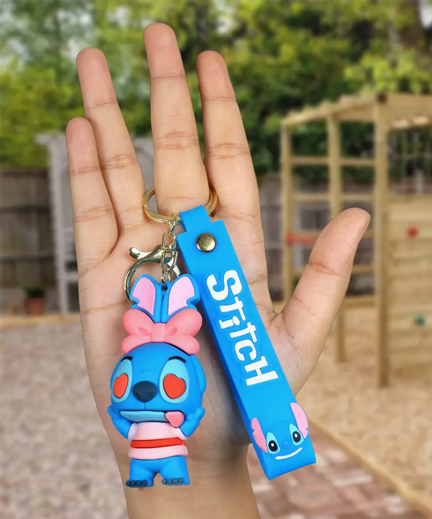 Stitch Heart-Eyes Keychain with Pink Bow | Disney Lilo & Stitch Figure on Blue Logo Strap | Cute Valentine's Day Gift